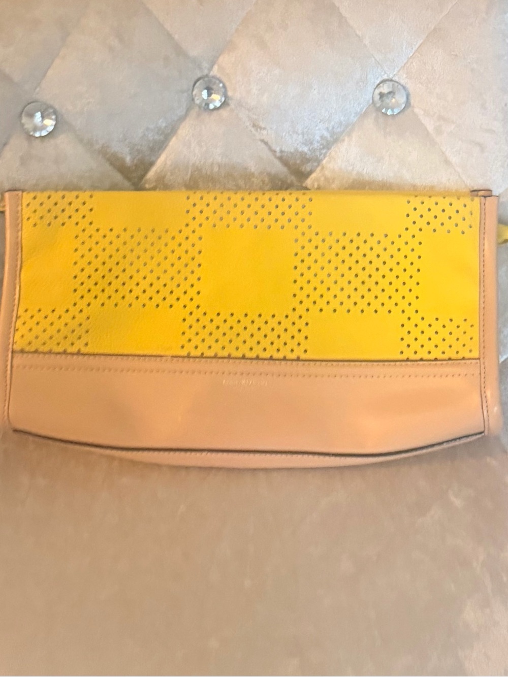 Isaac Mizrahi Yellow and Tan Perforated Fold-Over Clutch